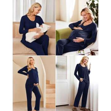 Ekouaer Women's Maternity Nursing Pajamas Set Long Sleeve Pregnancy Pajama Breastfeeding PJS Sleepwear Navy Blue Medium