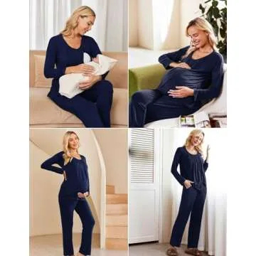 Ekouaer Women's Maternity Nursing Pajamas Set Long Sleeve Pregnancy Pajama Breastfeeding PJS Sleepwear Navy Blue Medium
