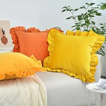 Jemiipee Velvet Ruffle Throw Pillow Covers Couch, Set of 2 Decorative Pillowcases with Ruffles 18x18 Inch Solid Color Shabby Chic Farmhouse Cushion Cover for Living Room Sofa Bed, Beige