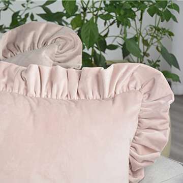 Jemiipee Velvet Ruffle Throw Pillow Covers Couch, Set of 2 Decorative Pillowcases with Ruffles 18x18 Inch Solid Color Shabby Chic Farmhouse Cushion Cover for Living Room Sofa Bed, Beige