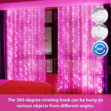 HXWEIYE 300LED Pink Fairy Curtain Hanging Lights with Remote 8 Modes Timer for Bedroom, 9.8x9.8Ft USB Plug in Christmas Fairy String Lights for Outdoor, Weddings, Party, Garden, Wall, Decorations
