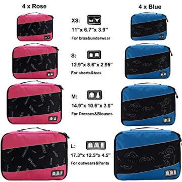 Idesort 8 Set Packing Cubes, Travel Luggage Bags Organizers Mixed Color Set (Rose Blue)