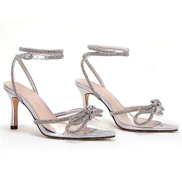 VETASTE Women's Double Bow Pointed Toe Ankle Strap Crystal Pumps Wedding Bridal Party Stilettos Backless Satin Heeled Sandals,Transparent, Size 8
