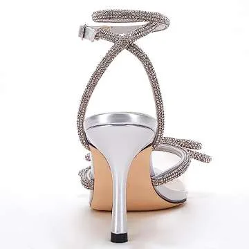 VETASTE Women's Double Bow Pointed Toe Ankle Strap Crystal Pumps Wedding Bridal Party Stilettos Backless Satin Heeled Sandals,Transparent, Size 8