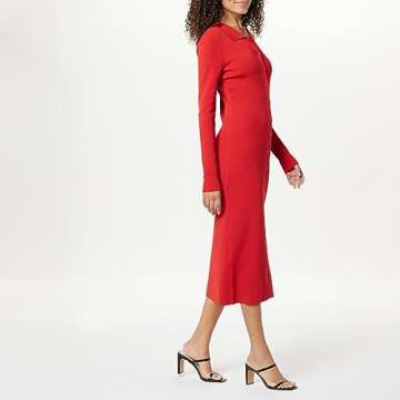 The Drop Women's Jaxon Button Down Ribbed Sweater Dress, Lava Red, S