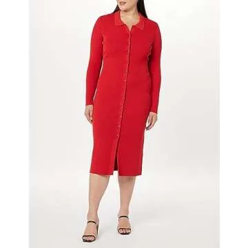 The Drop Women's Jaxon Button Down Ribbed Sweater Dress, Lava Red, S