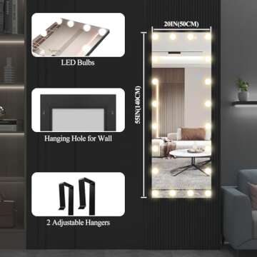 Biyatuos Door Mirror,55"x20"Over The Door Mirror,Full-Length Mirror with Lights,Vanity Makeup Dressing Body Mirror for Bedroom Living Room (Black)