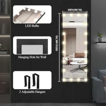 Biyatuos Door Mirror,55"x20"Over The Door Mirror,Full-Length Mirror with Lights,Vanity Makeup Dressing Body Mirror for Bedroom Living Room (Black)