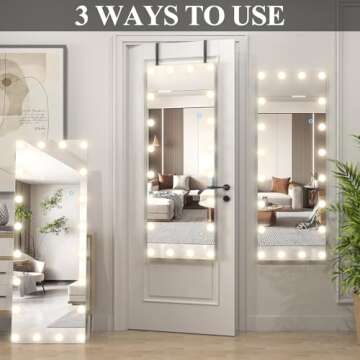 Biyatuos Door Mirror,55"x20"Over The Door Mirror,Full-Length Mirror with Lights,Vanity Makeup Dressing Body Mirror for Bedroom Living Room (Black)