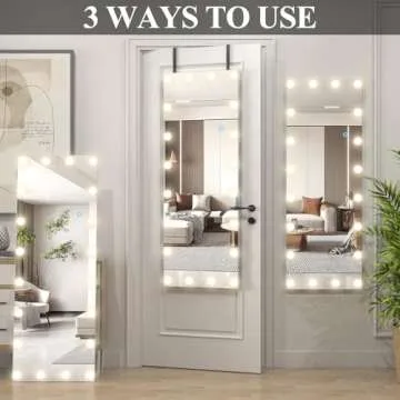 Biyatuos Door Mirror,55"x20"Over The Door Mirror,Full-Length Mirror with Lights,Vanity Makeup Dressing Body Mirror for Bedroom Living Room (Black)