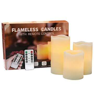 Flameless Flickering LED Battery Candles :Set of 3 Ivory Real Wax Pillar Operated Fake Faux Lights w...