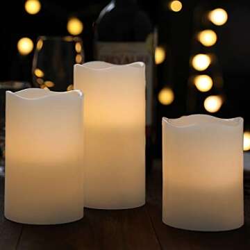 Flameless Flickering LED Battery Candles :Set of 3 Ivory Real Wax Pillar Operated Fake Faux Lights with Remote Control and Timer Function Flicker Candle for Decoration Christmas Votive Garden Outdoor