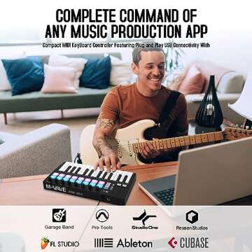 M-WAVE 25 Key USB MIDI Keyboard Controller With 16 Backlit Drum Pads, Bluetooth Semi Weighted Profes...