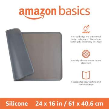 Amazon Basics - Waterproof Anti-Slip Silicone Pet Food and Water Bowl Mat, 24 x 16 inches, Grey, Solid