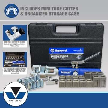 Mastercool 72475-PRC Universal Hydraulic Flaring Tool Set – Patented Design – 45° Double & Single Flares, Push Connect, GM Fuel Line, Brake Line – Includes Hydraulic Ram & Mini Tube Cutter