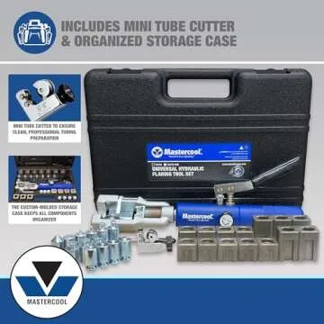 Mastercool 72475-PRC Universal Hydraulic Flaring Tool Set – Patented Design – 45° Double & Single Flares, Push Connect, GM Fuel Line, Brake Line – Includes Hydraulic Ram & Mini Tube Cutter