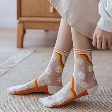 Yomutiur Womens Sheer Socks, Summer Transparent Thin Mesh Lace Elastic Jacquard Crystal Glass Socks,One Size