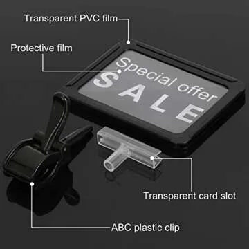 Acrylic Sign Holder with Clamp, 6 x 9 Inch Double Head Display Clips with PVC Card Protector, Rotating Sign Price Tag Clip On Sign Display for Hangrails or Tubes (Pack of 7) (Black)