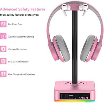 KAFRI RGB Headphone Stand with USB Charger Desk Gaming Headset Holder Hanger Rack with 3 USB Charging Port and 2 Outlet - Suitable for Gamer Desktop Table Game Earphone Accessories Girlfriend Gift
