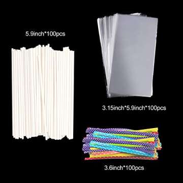 Lollipop Cake Pop Treat Bag Set Including 100pcs Parcel Bags, Papery Treat Sticks, Colorful Metallic...