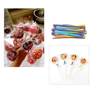 Lollipop Cake Pop Treat Bag Set Including 100pcs Parcel Bags, Papery Treat Sticks, Colorful Metallic Twist Ties for Making Lollipops, Cake Pops, Candies, Chocolates and Cookies