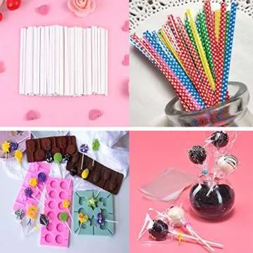 Lollipop Cake Pop Treat Bag Set Including 100pcs Parcel Bags, Papery Treat Sticks, Colorful Metallic Twist Ties for Making Lollipops, Cake Pops, Candies, Chocolates and Cookies
