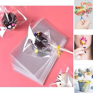 Lollipop Cake Pop Treat Bag Set Including 100pcs Parcel Bags, Papery Treat Sticks, Colorful Metallic Twist Ties for Making Lollipops, Cake Pops, Candies, Chocolates and Cookies