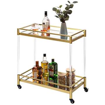SICOTAS Bar Cart Gold, Home Bar Serving Cart Dining Cart with Wheels, Kitchen Storage Cart Wine Cart with 2 Mirrored Shelves Holders, Glass Caddy for Kitchen, Dining Room
