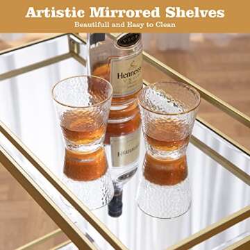 SICOTAS Bar Cart Gold, Home Bar Serving Cart Dining Cart with Wheels, Kitchen Storage Cart Wine Cart with 2 Mirrored Shelves Holders, Glass Caddy for Kitchen, Dining Room