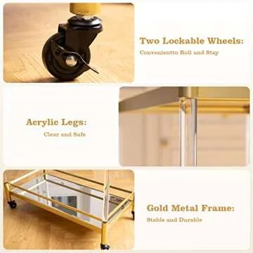 SICOTAS Gold Bar Cart with Mirrored Shelves for Home Use