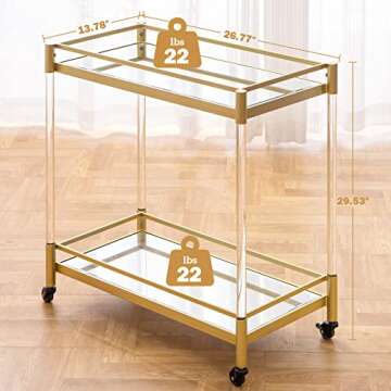 SICOTAS Bar Cart Gold, Home Bar Serving Cart Dining Cart with Wheels, Kitchen Storage Cart Wine Cart with 2 Mirrored Shelves Holders, Glass Caddy for Kitchen, Dining Room