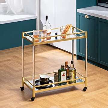 SICOTAS Bar Cart Gold, Home Bar Serving Cart Dining Cart with Wheels, Kitchen Storage Cart Wine Cart with 2 Mirrored Shelves Holders, Glass Caddy for Kitchen, Dining Room