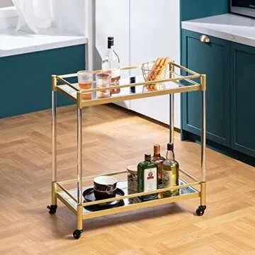 SICOTAS Gold Bar Cart with Mirrored Shelves for Home Use