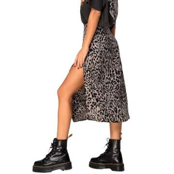 Avanova Women's Leopard Print Split Thigh High Waist Summer Boho A Line Midi Skirt A Grey Medium
