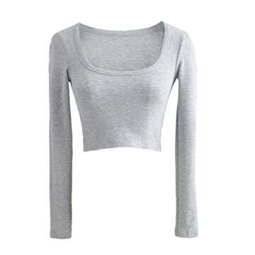 Amuver Women Long Sleeve Slim Fit Basic Crop Top Solid Color Going Out Tops Fitted Tee Shirt Tight Streetwear, A1-grey