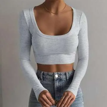 Amuver Women Long Sleeve Slim Fit Basic Crop Top Solid Color Going Out Tops Fitted Tee Shirt Tight Streetwear, A1-grey