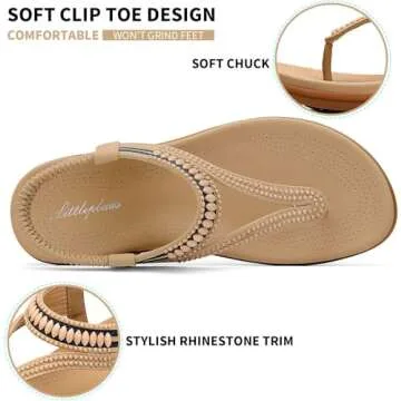 Littleplum Womens Sandals Arch Support Slingback Sandals Summer Beach Shoes Ankle Strap Thong Elastic Flat Sandals for Women Apricot Size 7