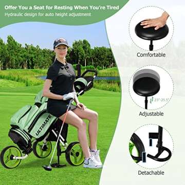 Tangkula Golf Push Pull Cart with Seat, Lightweight Folding 3 Wheels Trolley W/Storage Bag, Foot Bra...