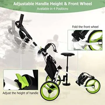 Tangkula Golf Push Pull Cart with Seat, Lightweight Folding 3 Wheels Trolley W/Storage Bag, Foot Brake, Adjustable Umbrella Holder & Seat, 4 Height Position Handle (Green)