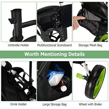 Tangkula Golf Push Pull Cart with Seat, Lightweight Folding 3 Wheels Trolley W/Storage Bag, Foot Brake, Adjustable Umbrella Holder & Seat, 4 Height Position Handle (Green)