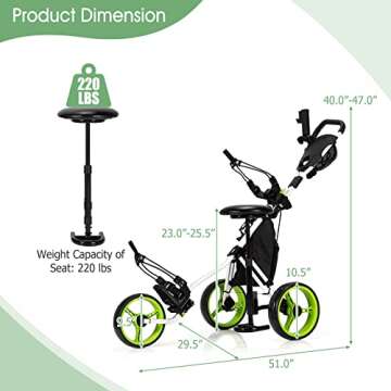 Tangkula Golf Push Pull Cart with Seat, Lightweight Folding 3 Wheels Trolley W/Storage Bag, Foot Brake, Adjustable Umbrella Holder & Seat, 4 Height Position Handle (Green)