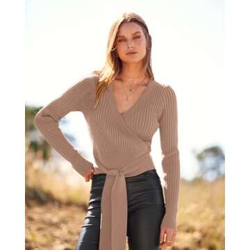 BTFBM Women Wrap Deep V Neck Cropped Sweaters Long Sleeve High Waist Tie Front Slim Fit Ribbed Knit Pullover Sweater Top(Solid Khaki, Medium)
