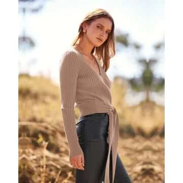 BTFBM Women Wrap Deep V Neck Cropped Sweaters Long Sleeve High Waist Tie Front Slim Fit Ribbed Knit Pullover Sweater Top(Solid Khaki, Medium)