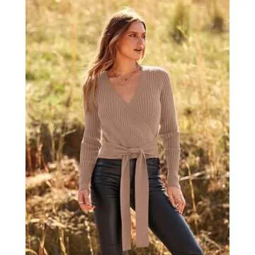 BTFBM Women Wrap Deep V Neck Cropped Sweaters Long Sleeve High Waist Tie Front Slim Fit Ribbed Knit Pullover Sweater Top(Solid Khaki, Medium)