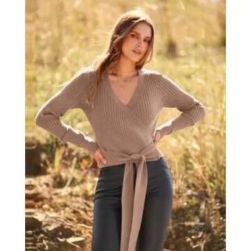 BTFBM Women Wrap Deep V Neck Cropped Sweaters Long Sleeve High Waist Tie Front Slim Fit Ribbed Knit Pullover Sweater Top(Solid Khaki, Medium)