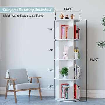 EasyCom Rotating Bookshelf with Metal Frame, 360 Display Wood Revolving Bookcase, 4-Tier Corner Bookshelf with Storage, Floor Standing Spinning Bookshelf for Living Room, Office, White