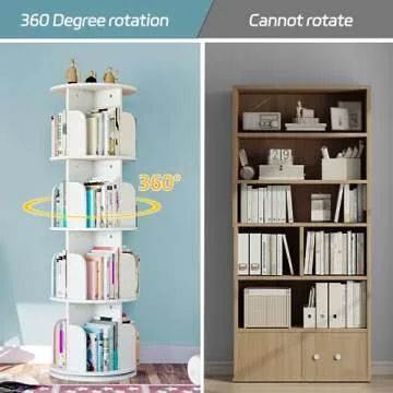 EasyCom Rotating Bookshelf with Metal Frame, 360 Display Wood Revolving Bookcase, 4-Tier Corner Bookshelf with Storage, Floor Standing Spinning Bookshelf for Living Room, Office, White
