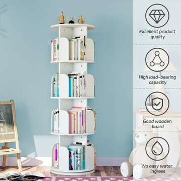 EasyCom Rotating Bookshelf with Metal Frame, 360 Display Wood Revolving Bookcase, 4-Tier Corner Bookshelf with Storage, Floor Standing Spinning Bookshelf for Living Room, Office, White