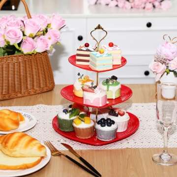Layhit 2 Pack Valentine's Day 3 Tier Cupcake Stand Heart Shaped 3 Tiered Serving Trays for Party Plastic Tray Dessert Cupcake Stand for Tea Party Baby Shower Wedding(Red)