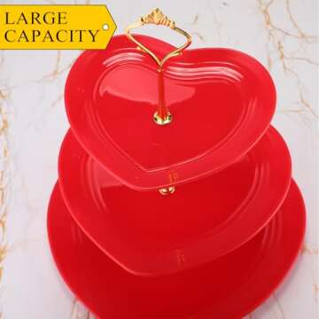 Layhit 2 Pack Valentine's Day 3 Tier Cupcake Stand Heart Shaped 3 Tiered Serving Trays for Party Plastic Tray Dessert Cupcake Stand for Tea Party Baby Shower Wedding(Red)